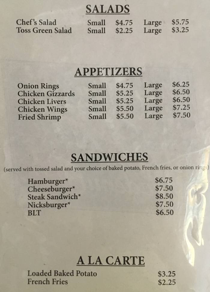 Nick's in Sticks Menu, in AL